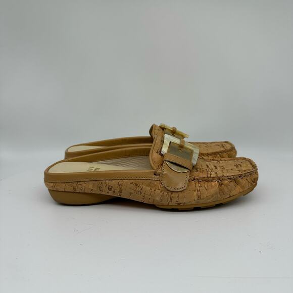 Vintage Stuart Weitzman Square Toe Cork Mules With Gold/Acrylic Buckle Size 4 - Picture 3 of 16